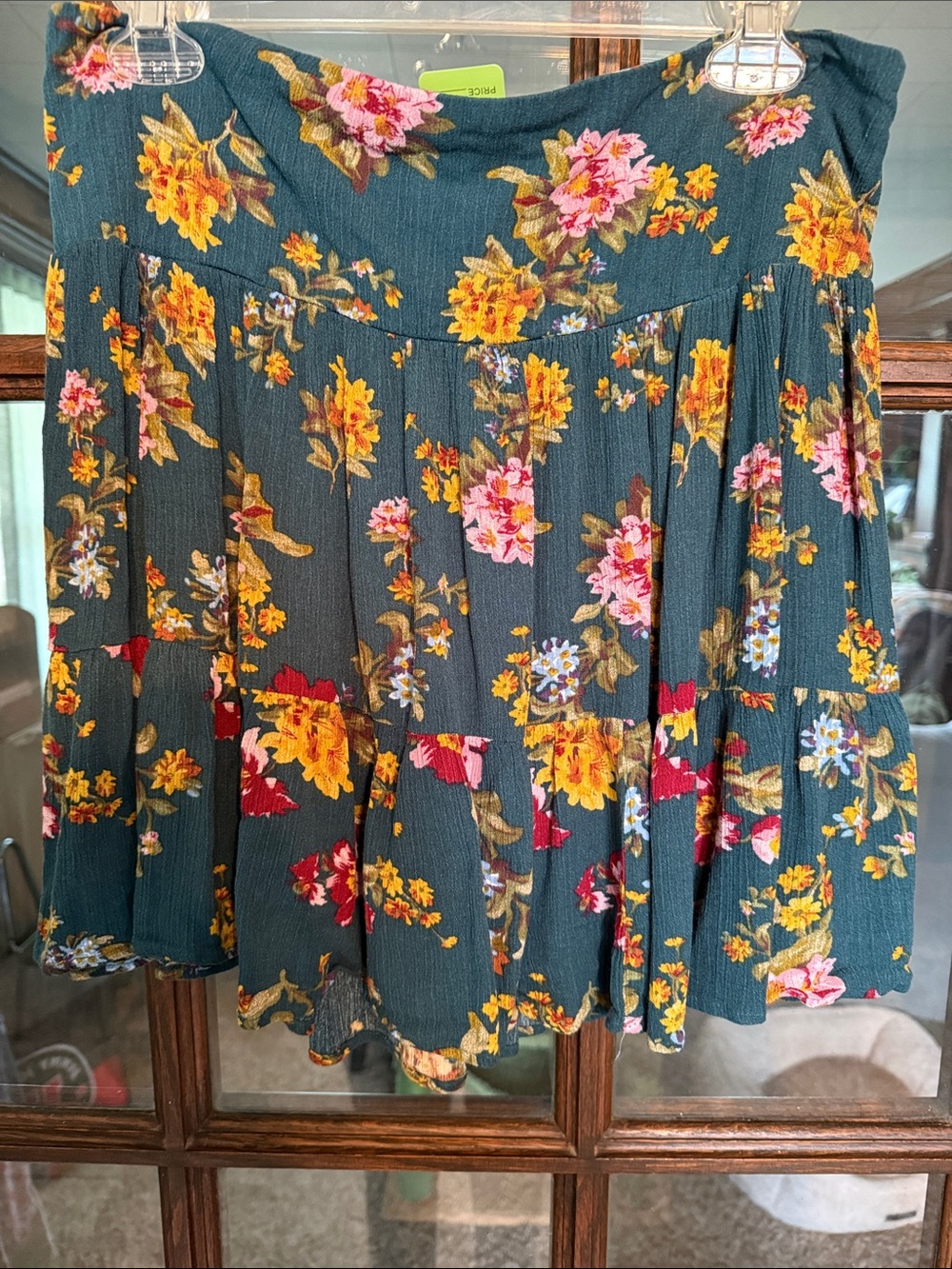 Natural Life Floral Tiered Mini Skirt Smocked Waist XL Teal Green Boho Hippie